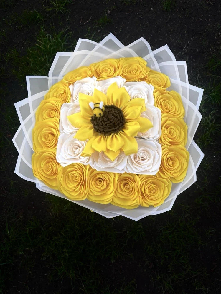 Eternal Flower Bouquet 25 Count Sunflower & Yellow with Ivory Roses Handmade Sunflower
