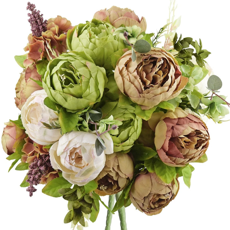 Rustic Brown, Beige & Green Artificial Peony Bouquets, 2 Silk Flower Bundles ... Hydrangea