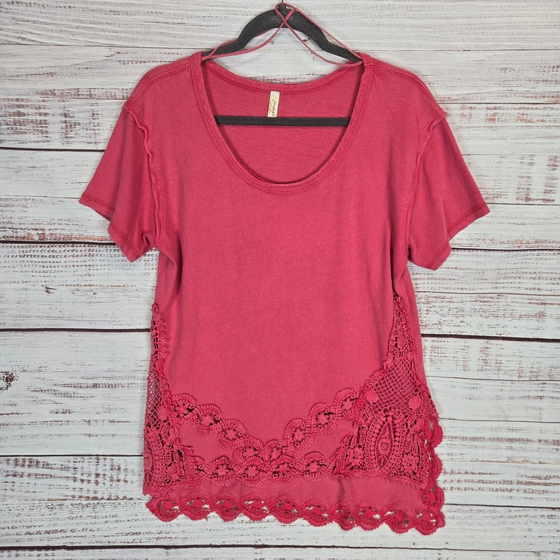 Rose-pink tunic top with crochet lace trim at hem and short sleeves