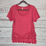 Free People Carnation Red Rosey Tunic Top S Crochet Lace Side Slit Boho Casual Carnation