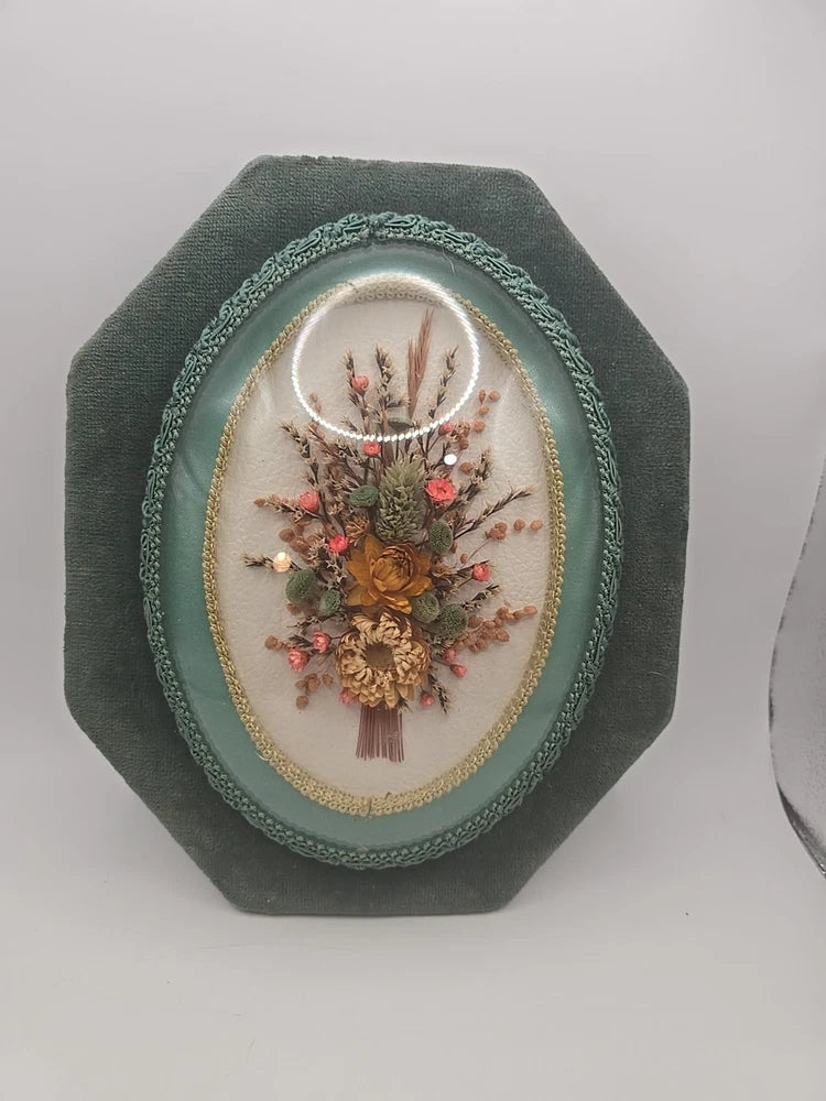 *VINTAGE* Cideart Dried Flower Domed Glass Wall Art Made In Belgium - Green MCM Dried Flower