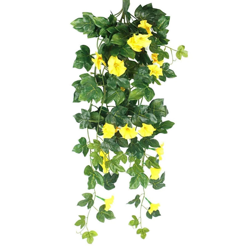 Artificial morning glory vine hanging garland with green leaves and yellow flowers