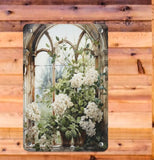 Victorian White Hydrangea Flowers Window Vintage Wall Decor  Metal Wall Sign Hydrangea