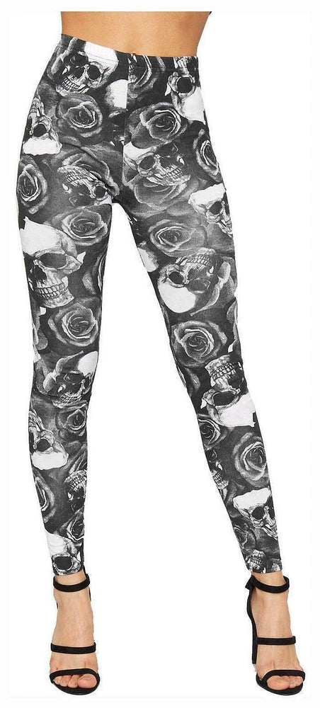 Skull and rose skeleton print stretch leggings, black and white