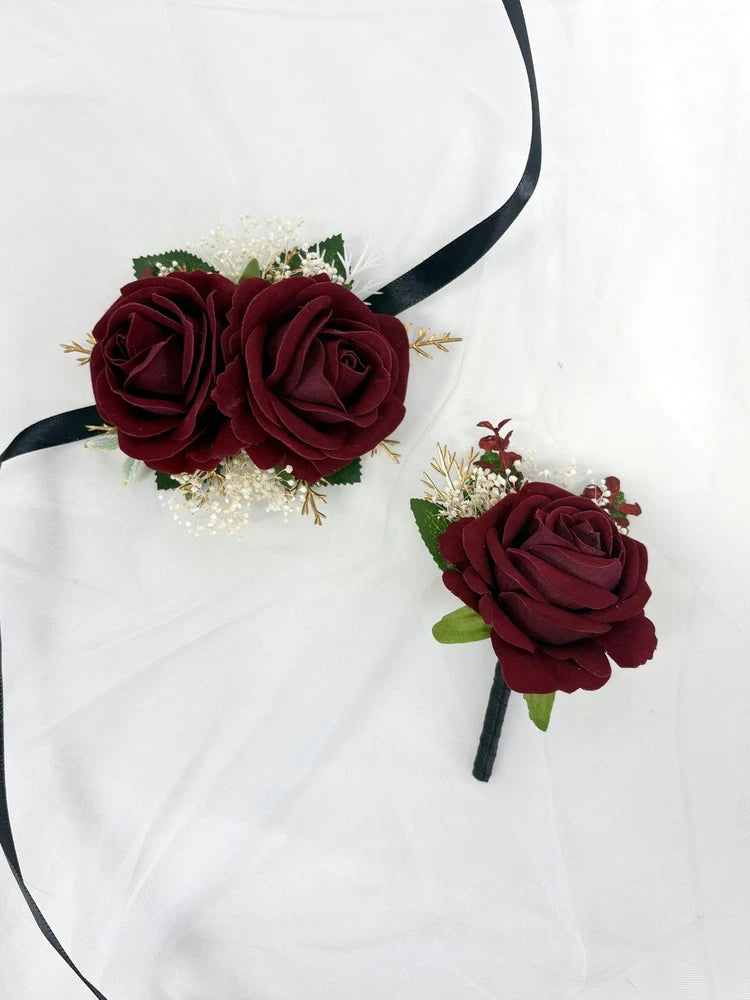 Burgundy Rose Corsage and Boutonniere Set with Baby's Breath for Wedding Flow... Bouquet
