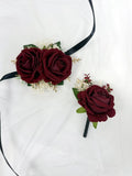 Burgundy Rose Corsage and Boutonniere Set with Baby's Breath for Wedding Flow... Bouquet
