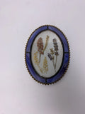 Vintage Pressed Dried Flower Glass Plaque Blue & Gold Oval Floral Wall Decor Dried Flower