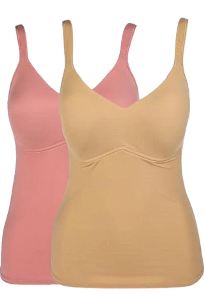 2-pack molded cup cami tank tops, beige and rose, scoop neckline and adjustable straps