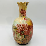 Antique Porcelain Floral Hydrangea Signed M.B. Vase Gold Bulbous Burgundy 10.5"T Hydrangea