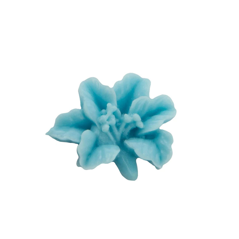 Light blue lily flower acrylic cabochon, flat back, rounded petal design