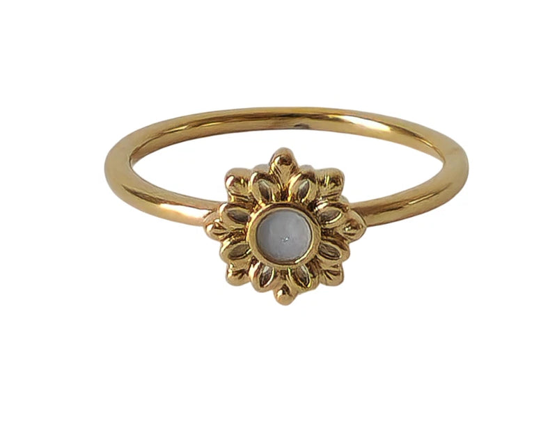 Gold sunflower ring with round center stone, dainty floral band
