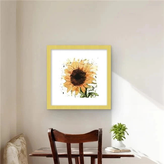 Framed sunflower floral wall art, square yellow frame, 16x16 inch matte print