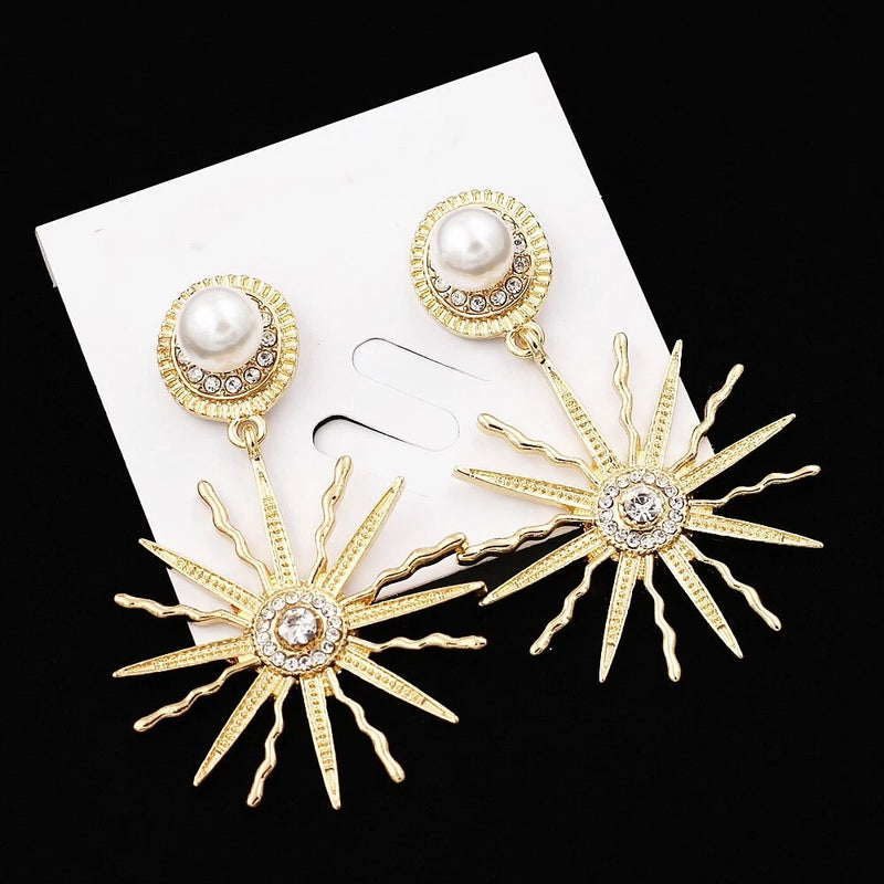 Sunflower dangle earrings with pearl and rhinestone centers