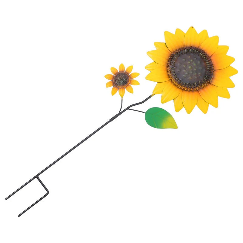 Sunflower metal garden stake with two yellow flowers and green leaves