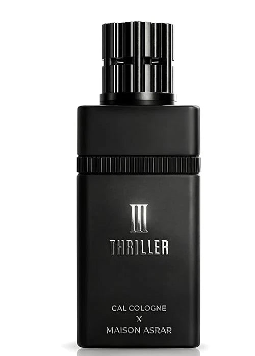 Black III THRILLER perfume bottle with Maison Asrar label and metallic cap