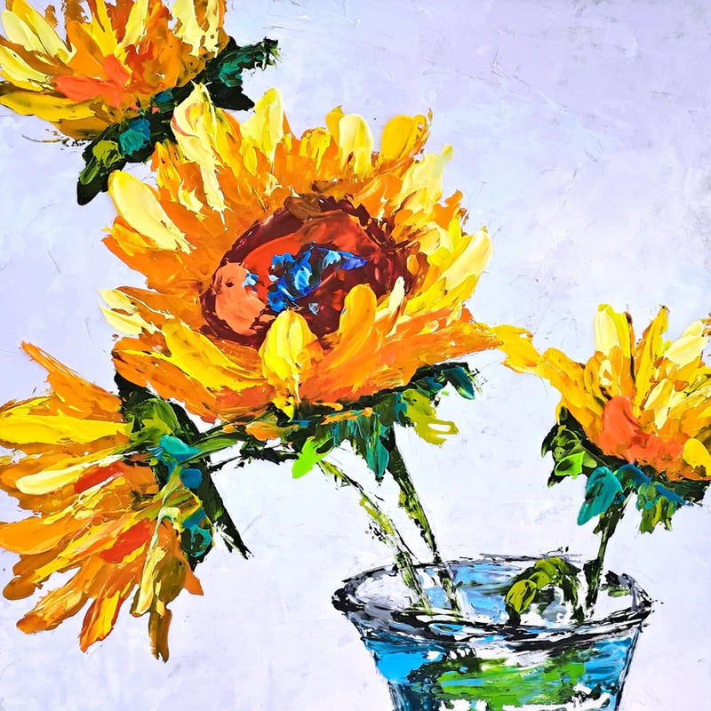 Impasto sunflower oil painting with bright yellow-orange blooms and blue-green vase