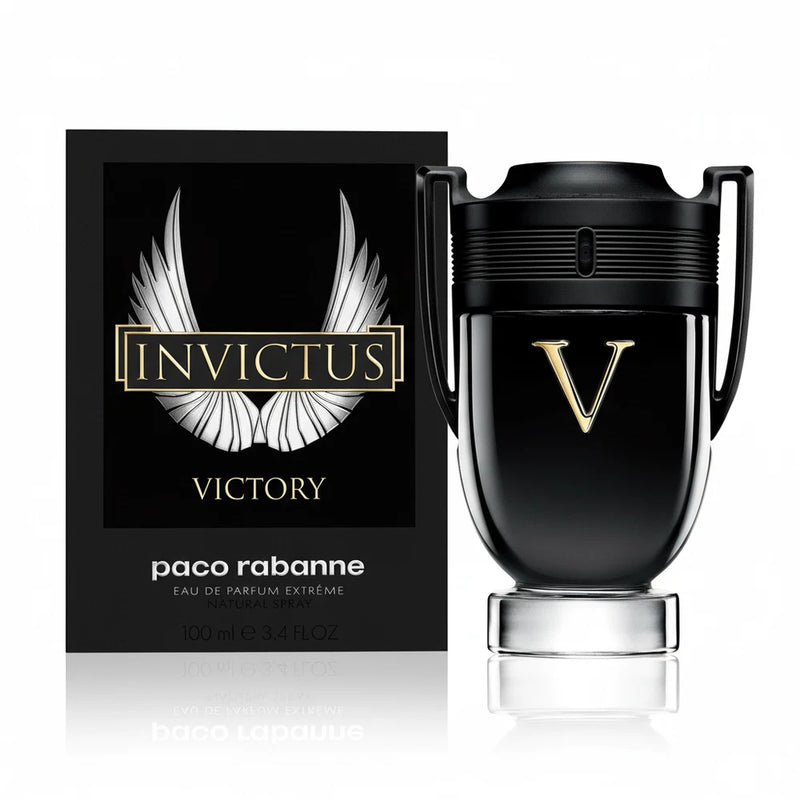 Invictus Victory men's EDP: black bottle with gold V, in black gift box