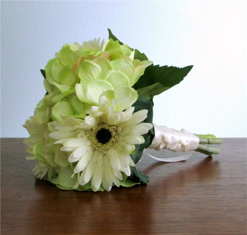 Silk Flower WEDDING BOUQUET Ivory Gerbera Daisy and Light Green Hydrangea Hydrangea