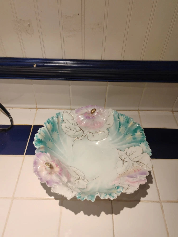 RS Prussia Germany Porcelain Serving Bowl Carnation Mold C. 1900 10 1/4" Carnation