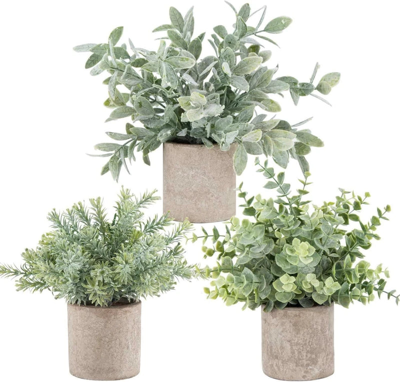 Der Rose 3 Pack Mini Potted Fake Plants Artificial Plastic Eucalyptus Grey Green Plant