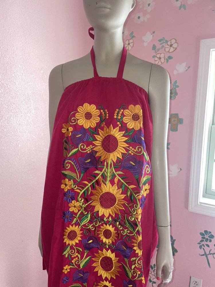 Mexican Embroidered Flower Pink Tie Neck Off The Shoulder Dress Size M Sunflower