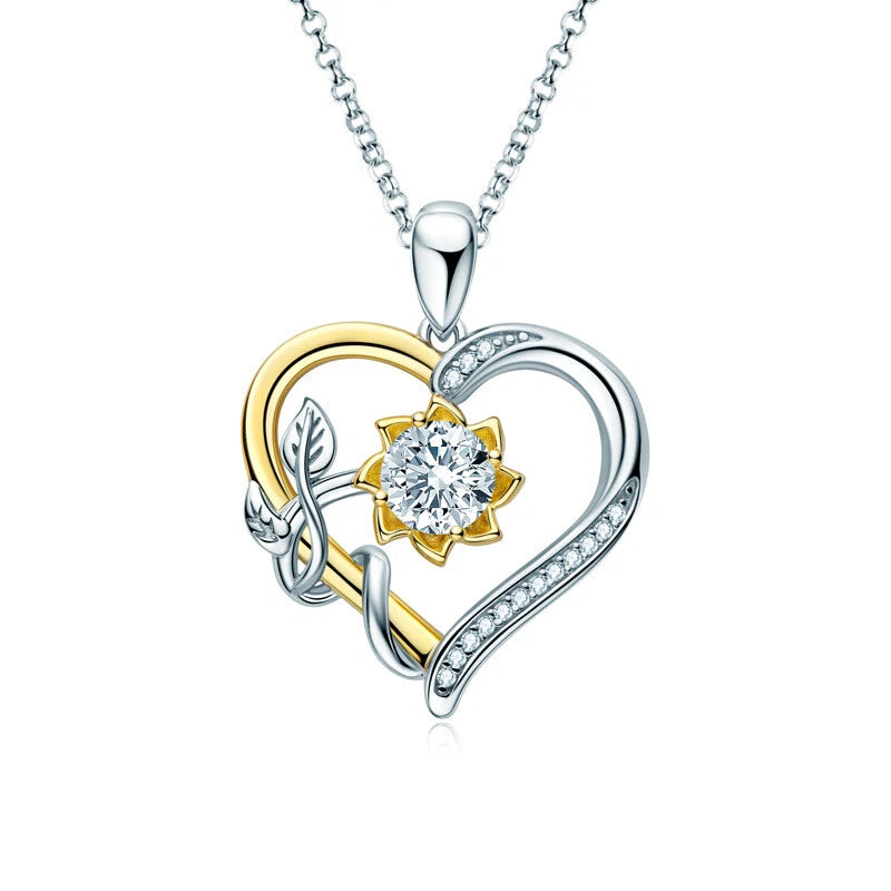 Sunflower heart pendant necklace, 925 sterling silver with round CZ center
