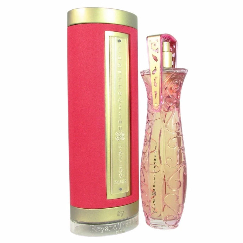 Women's eau de parfum: red cylindrical box with gold cap and pink glass bottle.
