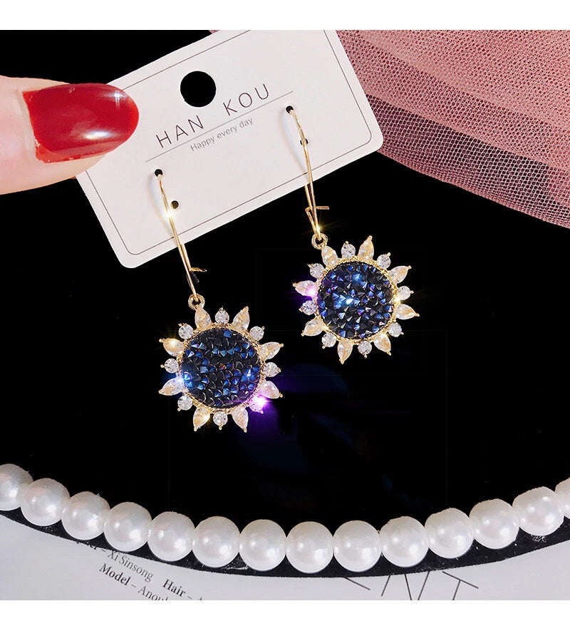 U.S.Seller Silver Fashion Earrings Sun Flower shining blue Sunflower