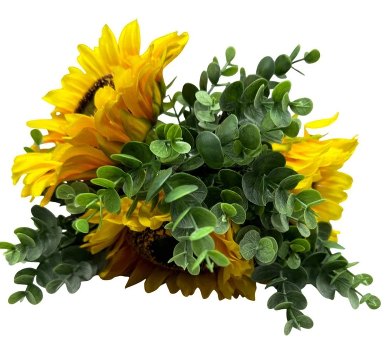 Faux sunflower and eucalyptus greenery bouquet with yellow blooms and green leaves