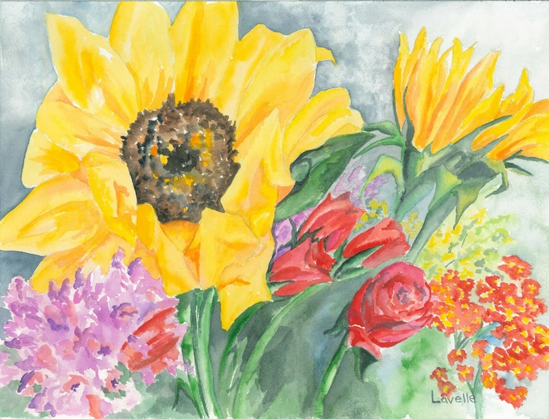 Sunflower print wall art with yellow blooms, red rose, and purple flowers