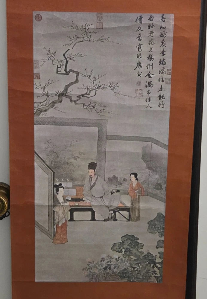 Tang Yin Ming Dynasty White Peony Flower Moon Scroll Art Japanese Caligraphy Peony