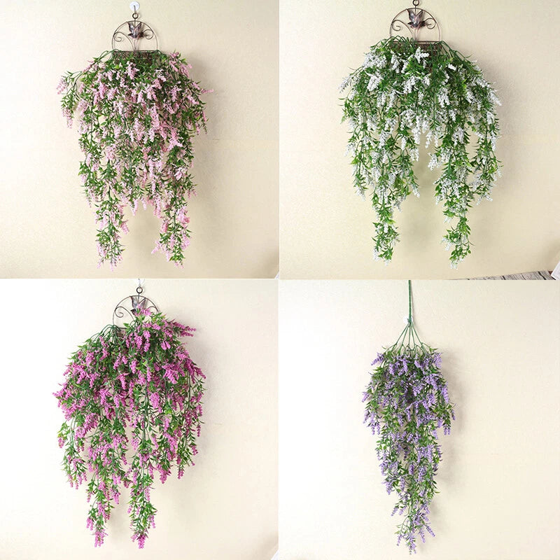 Hanging faux flower wall decoration with cascading lavender/purple and pink floral vines