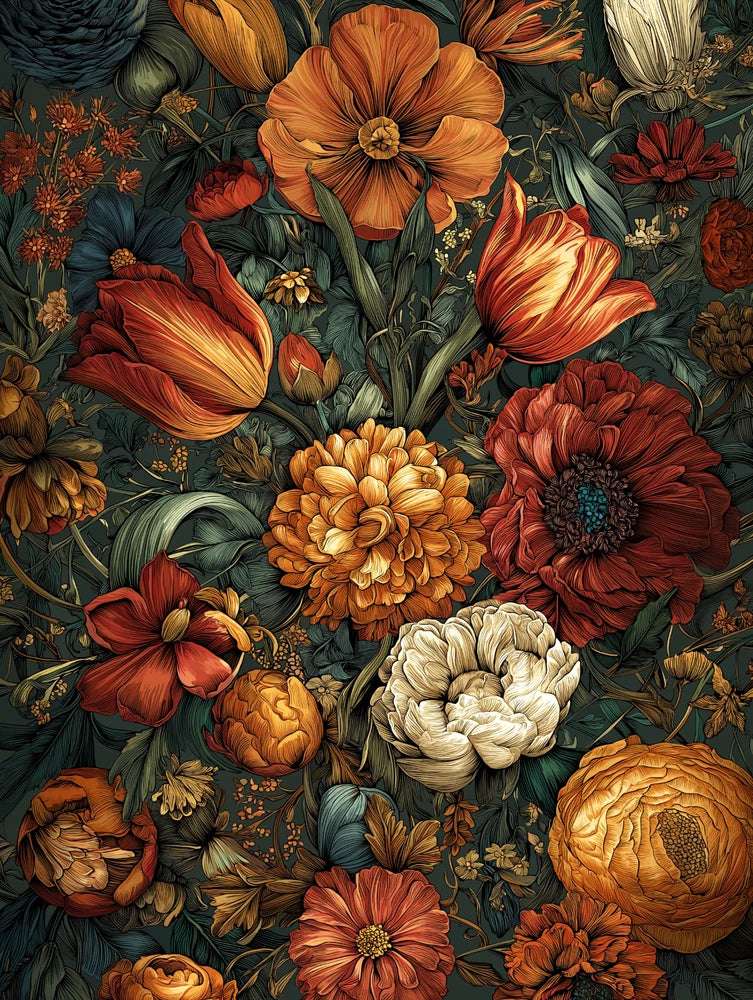 Vintage Botanical Orange Red Peony Flower Art Poster 18x24in Peony