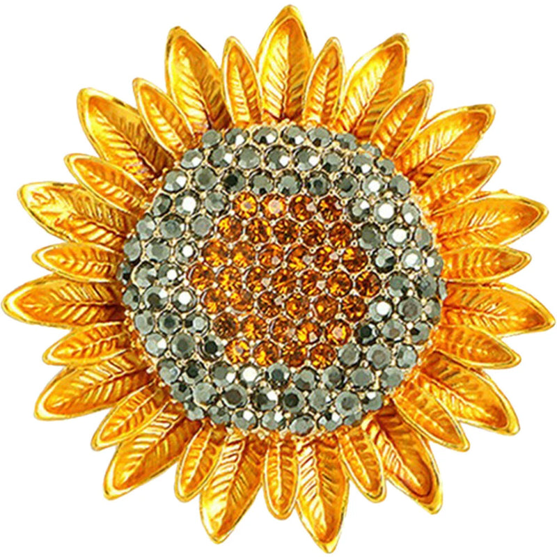 Sunflower rhinestone brooch pin with gold petal accents and crystal center