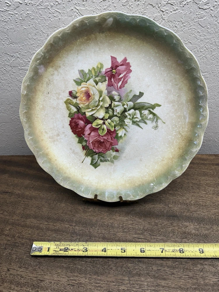 Vintage floral ceramic plate with rose bouquet print and scalloped rim