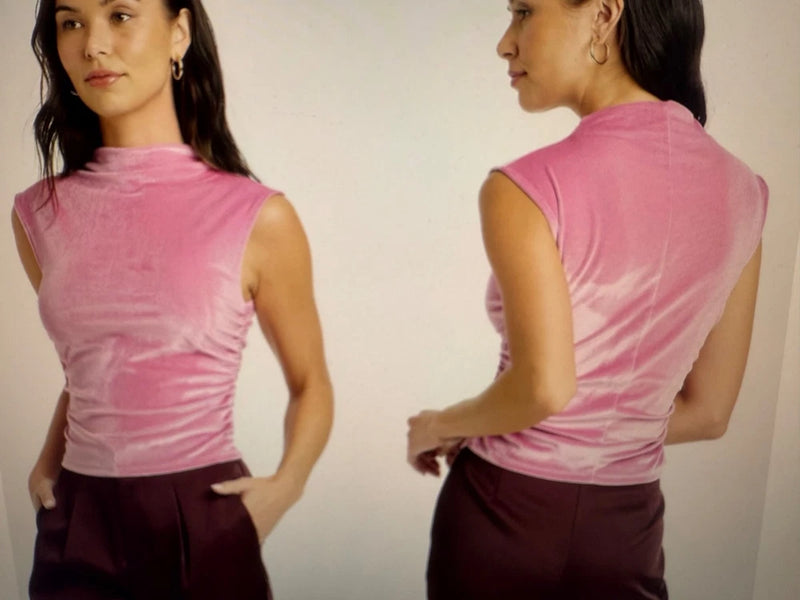 Women’s ruched mock turtleneck sleeveless tank top in mauve/pink