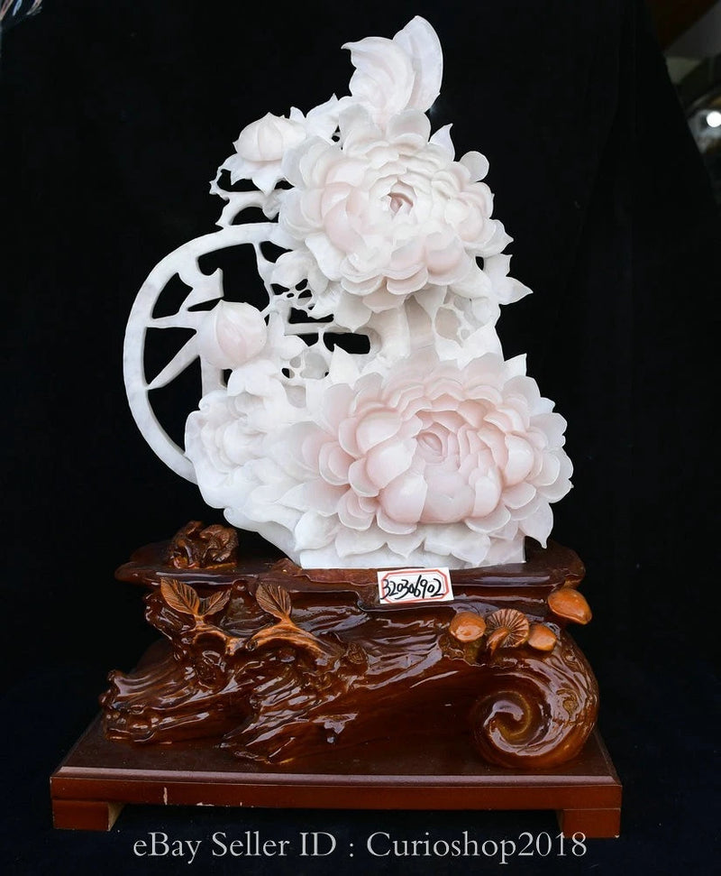 Pink and white jade peony carving sculpture with circular floral plaque and carved base