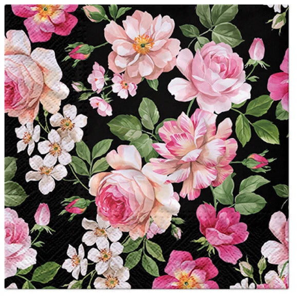 Floral paper napkins with pink and white roses and peonies on dark background