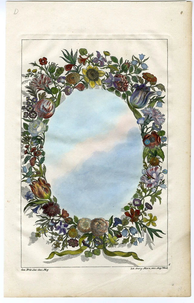 Antique botanical garland print with oval wreath of colorful flowers