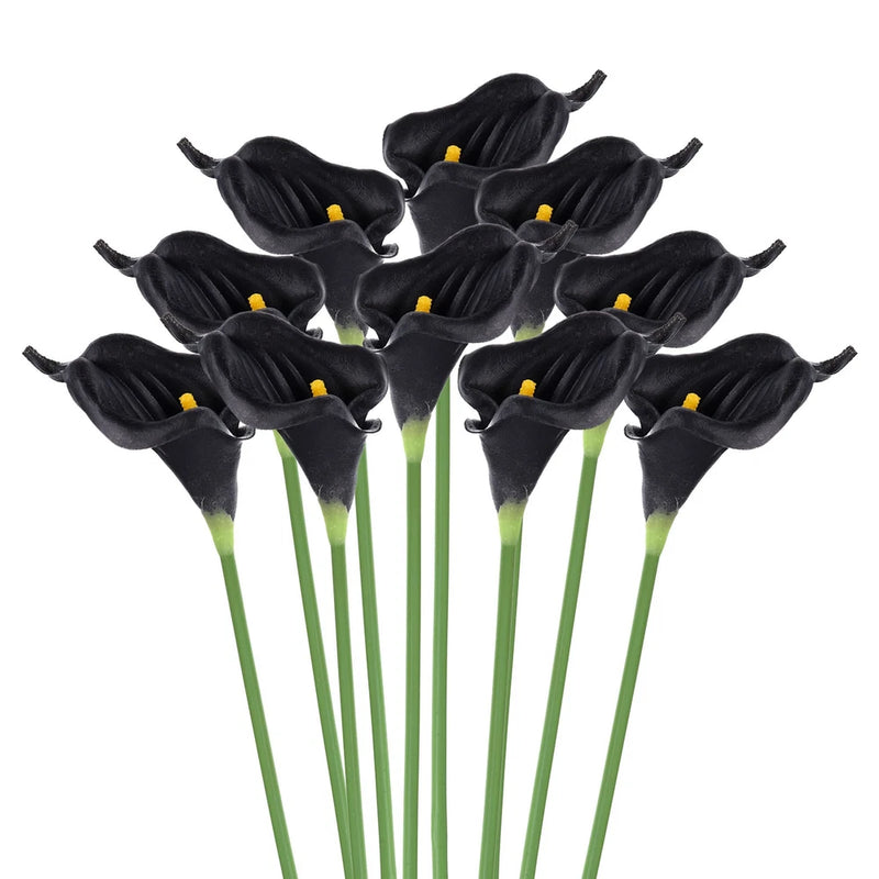 Artificial black calla lily bouquet with 10 flowers, yellow centers, long green stems