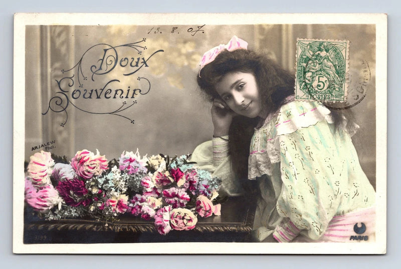 RPPC French Portrait Young Girl Flowers Carnation Hand Colored AR JALEW Postcard Carnation