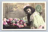 RPPC French Portrait Young Girl Flowers Carnation Hand Colored AR JALEW Postcard Carnation