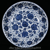 16.6" Old Chinese Dynasty Blue White Porcelain Peony Flower Plate Dish Tray Peony