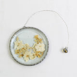 Vintage Unbranded Pressed Dried Flowers in Hanging Glass Silver Medallion Frame Dried Flower