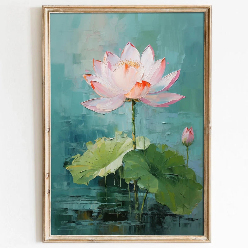 Framed lotus flower wall art poster with pink-white bloom and green leaves on teal background