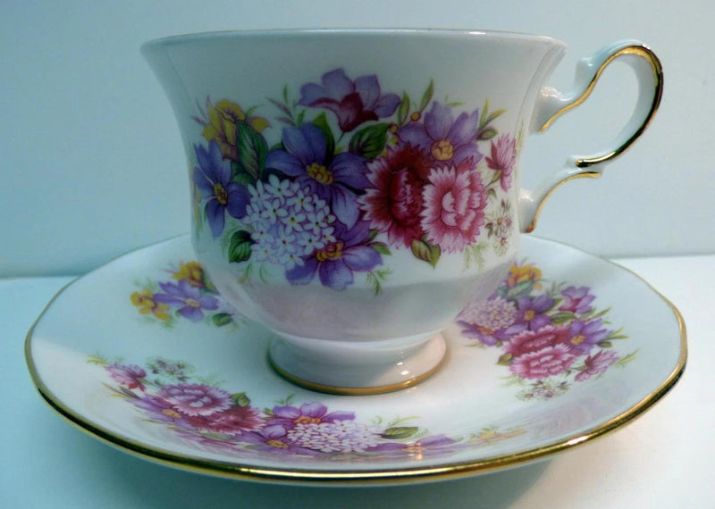 QUEEN ANNE  A 67/9 FOOTED CUP&SAUCER   PAT.# 8629 FLORAL PATTERN CARNATION VNT. Carnation