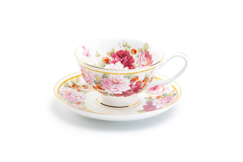 Grace Teaware Peony and Strawberry Pink Bone China Tea Cup and Saucer Gold Trim Peony