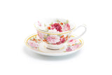 Grace Teaware Peony and Strawberry Pink Bone China Tea Cup and Saucer Gold Trim Peony