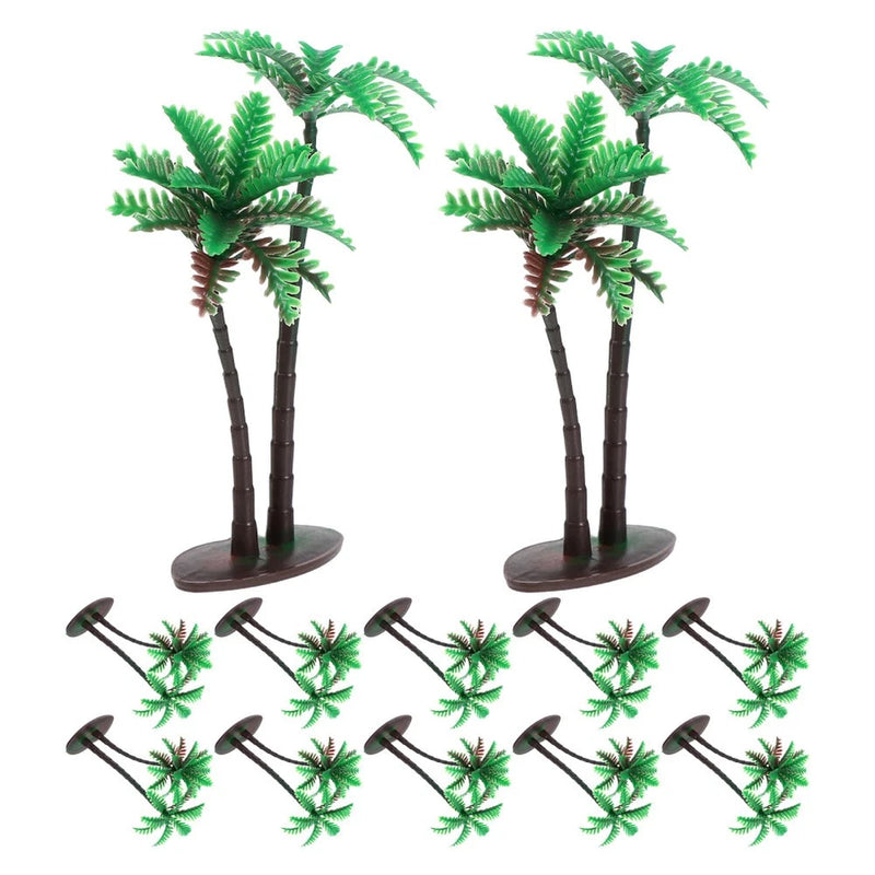 Miniature artificial palm tree toys, green fronds on brown stems, 15-piece set