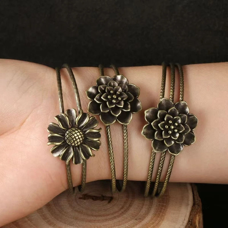 Vintage brass creative sunflower lucky bracelet with adjustable opening Sunflower